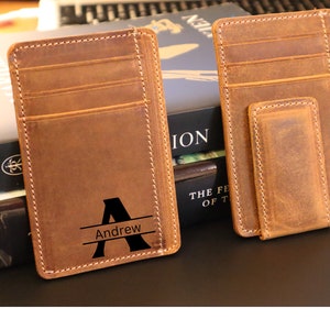 Engraved Leather Money Clip for Men, Christmas Gift for Him, Personalized Magnetic Money Clip, Leather Thin Card Holder, Custom ID Holder