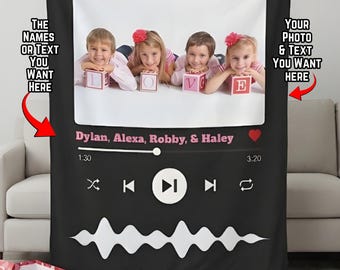 Aangepaste foto- en lieddeken Gepersonaliseerde deken voor muziekspeler Romantisch cadeau voor stellen Familievrienden