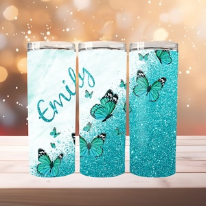 Custom Butterflies Tumbler, Colored Butterfly Coffee Cute Tumbler with Straw Gift for Women, Personalized Butterfly Glittered Gift with Name