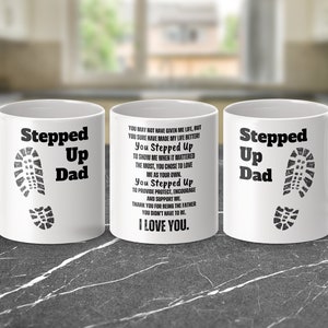 Stepped Up Dad Appreciation Coffee Mug, Father's Day Gift, Personal Message, Typography Bonus Dad Name or Without, Black, White, or Candle