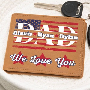 Cartera de cuero masculina con nombre del día del padre de la familia personalizada, cartera de cuero para mascotas personalizada para papá y niños, regalo para papá, marido y niños