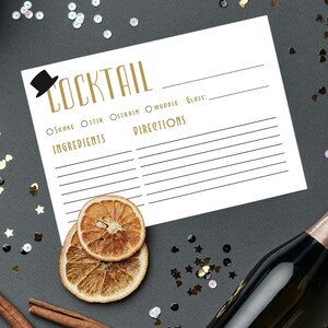 The Great Gatsby Cocktail Rezept Kartenvorlage 3x5, 4x6, 5x7, liniert und leer, druckbare Vintage Art-Deco-Karte für Hausbarkeeper, Mixologen