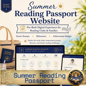 May include: A promotional image for the "Summer Reading Passport Website." It features a laptop and tablet displaying the website interface, a tote bag, and a passport. The design includes a sun illustration and text emphasizing reading clubs and family engagement.