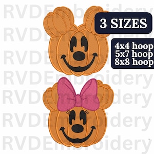 May include: Two orange pumpkin-shaped embroidery designs featuring black facial features. One pumpkin has round ears, the other has round ears and a pink bow. Text boxes state 3 SIZES and 4x4 hoop, 5x7 hoop, 8x8 hoop. The background has a repeating watermark.