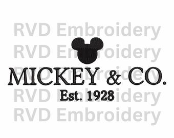 May include: Black embroidered design featuring Mickey Mouse ears above the words "MICKEY & CO." and "Est. 1928" on a white background. The design is suitable for clothing or accessories.