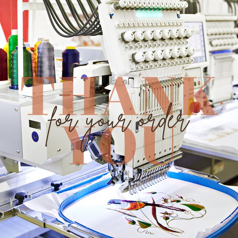 May include: A close-up of an embroidery machine with a hoop and a design of a bird and flowers. The machine is white and has a digital display. The text "Thank you for your order" is visible on the machine.