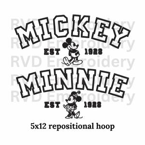 May include: Black and white embroidery design featuring Mickey Mouse and Minnie Mouse with the text "Mickey Est 1928 Minnie Est 1928" and "5x12 repositional hoop".