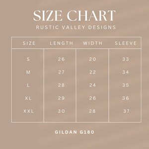 May include: Size chart for Gildan G180 t-shirts, showing measurements in inches for sizes S, M, L, XL, and XXL. The chart includes length, width, and sleeve measurements.