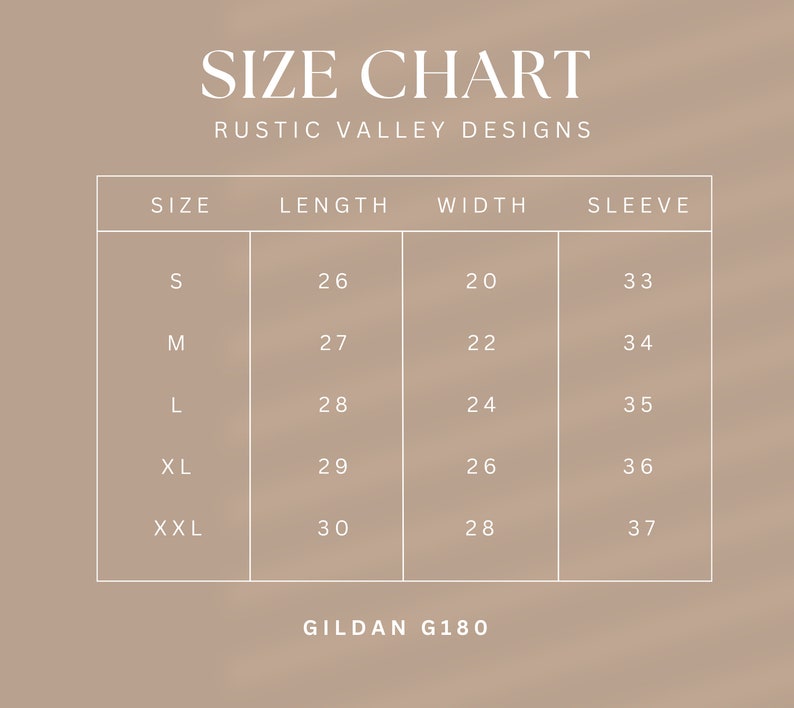 May include: Size chart for Gildan G180 t-shirts, showing measurements in inches for sizes S, M, L, XL, and XXL. The chart includes length, width, and sleeve measurements.