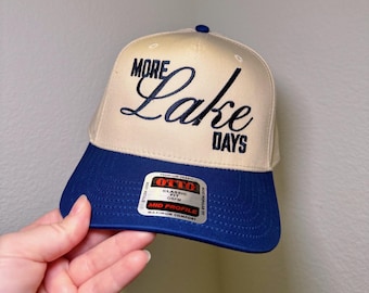 More Lake Days Hat | Embroidered Lake Trucker Hat | Summer Boat Day Cap | Lake Life Hat, Blue and Cream Baseball Hat | Lake Vibes Gift