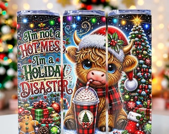 Kerst Highland Cow Tumbler Wrap, Hot Mess Xmas Cow png, grappig gezegde png, 20oz magere beker wrap Tumbler wrap voor sublimatie png-bestand