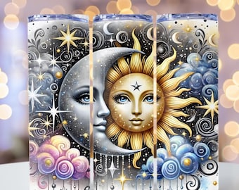 Sol y luna plateados y amarillos, envoltura para vaso de sol y luna, PNG celestial, envoltura delgada para vaso de 20 oz, envoltura para vaso para sublimación, archivo PNG