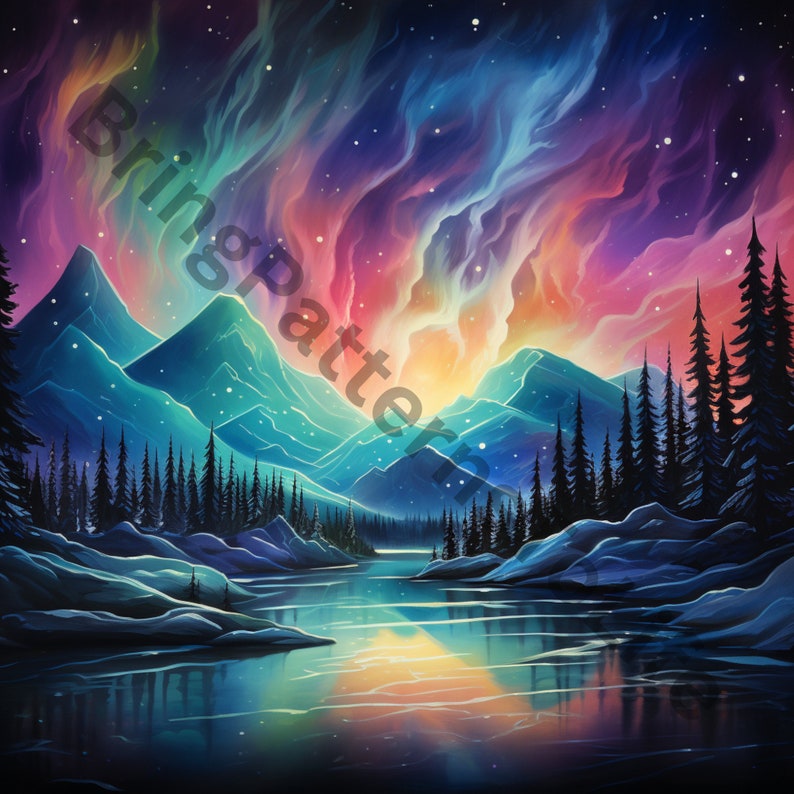 Puede incluir: Una pintura digital de una cordillera con un lago en primer plano. El cielo est&aacute; lleno de una aurora boreal vibrante en tonos de rosa, azul y verde. Las monta&ntilde;as est&aacute;n silueteados contra el cielo colorido, y el lago refleja los colores de la aurora.