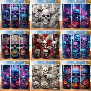 May include: Set of nine 20 oz stainless steel tumblers featuring a variety of skull and floral designs. The designs include white roses, red roses, purple and blue skulls, and sugar skulls.