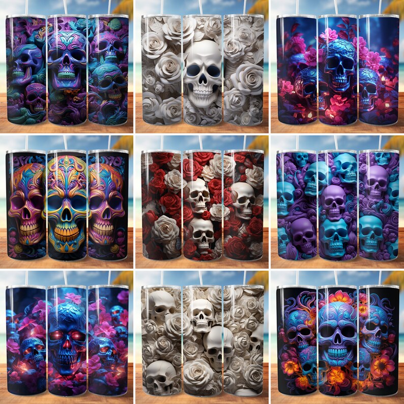 May include: Set of nine 20 oz stainless steel tumblers featuring a variety of skull and floral designs. The designs include white roses, red roses, purple and blue skulls, and sugar skulls.