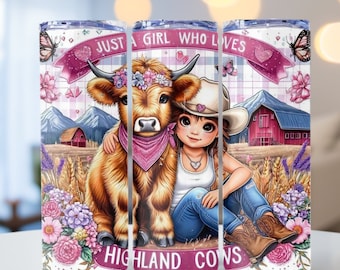 Girl Who Loves Highland Cows, Highland Cow PNG, Highland Cow Sublimation, 20oz skinny tumbler wrap, Tumbler wrap for sublimation, PNG File