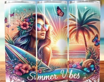 Surfer Girl Tropical PNG, Summer Vibes PNG, Woman Surfer Summer Vibes Png, 20oz skinny tumbler wrap, Tumbler wrap for sublimation, PNG File