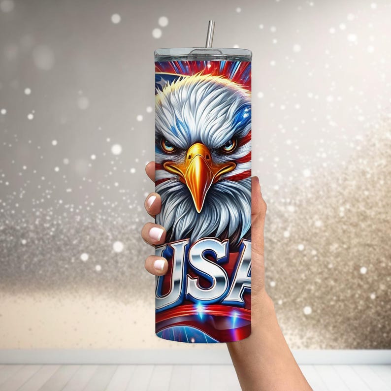 May include: A stainless steel tumbler with a patriotic design featuring a bald eagle with red, white, and blue accents. The word "USA" is printed on the tumbler.