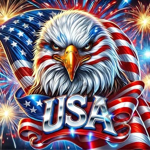 May include: A bald eagle with red, white, and blue feathers is depicted against a backdrop of fireworks and an American flag. The eagle's eyes are intense, and its beak is open. The word "USA" is written in large, bold letters below the eagle.