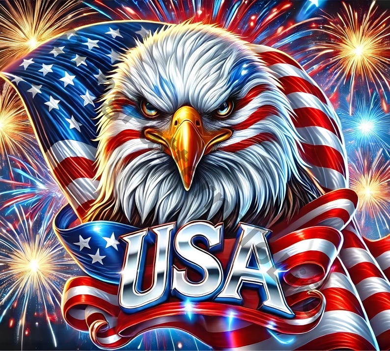 May include: A bald eagle with red, white, and blue feathers is depicted against a backdrop of fireworks and an American flag. The eagle's eyes are intense, and its beak is open. The word "USA" is written in large, bold letters below the eagle.