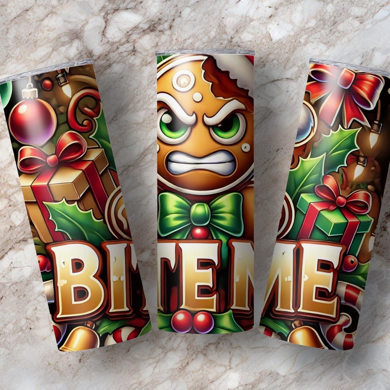 May include: Three stainless steel insulated tumblers with a Christmas theme. Each tumbler features a design with the text "BITE ME". One tumbler has an angry gingerbread man, and the others have holiday decorations.