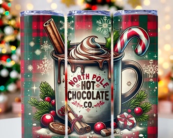 Christmas Hot Chocolate PNG, North Pole Hot Chocolate Co, Hot Cocoa Mug, 20oz skinny tumbler wrap, Tumbler wrap for sublimation, PNG File,