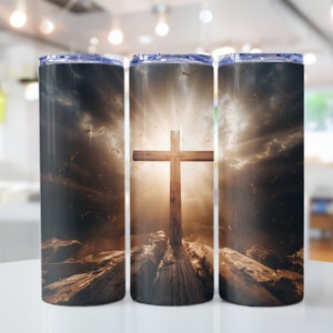 Powerful Cross on the Edge of a Cliff Rays of Light Shining Through, 20oz skinny tumbler wrap, Faith, Tumbler wrap for sublimation, PNG File