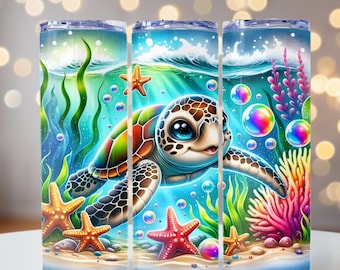 Sea Turtle in a Colorful Ocean, Sea Turtle Tumbler Wrap, 20oz skinny tumbler wrap, Tumbler wrap for sublimation, PNG File, Sea Turtle PNG