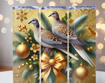 Holiday Turtle Doves png, gouden tortelduif ornamenten en dennen, feestdagen png 20oz magere bekerverpakking, bekerverpakking voor sublimatie, png-bestand