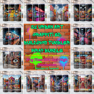 52 Urban Art Graffitied Buildings Tumbler Wrap Bundle, 20oz skinny tumbler wrap, Spray Paint Art PNG, Tumbler wrap for sublimation, PNG File