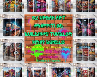 52 Urban Art Graffitied Buildings Tumbler Wrap Bundle, 20oz skinny tumbler wrap, Spray Paint Art PNG, Tumbler wrap for sublimation, PNG File