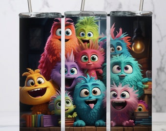 3D Small Cute Monsters Tumbler Wrap, 20oz skinny tumbler wrap, Cartoon Attic Monsters png, Tumbler wrap for sublimation, PNG File, Monsters