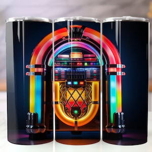 Nostalgic Jukebox with Neon Lights, Bright Colorful Jukebox, 20oz skinny tumbler wrap, Music Machine, Tumbler wrap for sublimation, PNG File