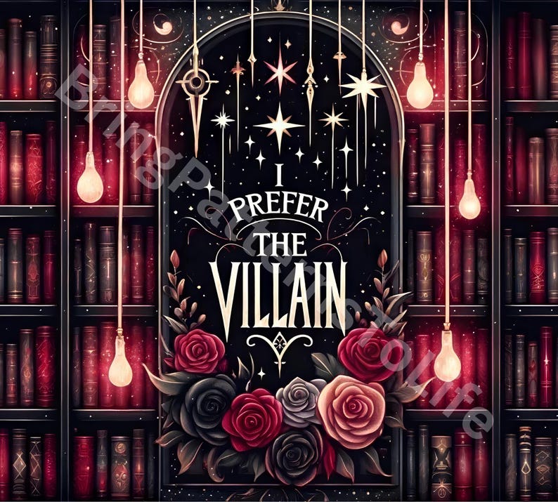 May include: A dark red and black bookshelf with a black archway and the text "I prefer the villain" in white. The archway is decorated with stars and a floral arrangement of red, pink, and black roses.