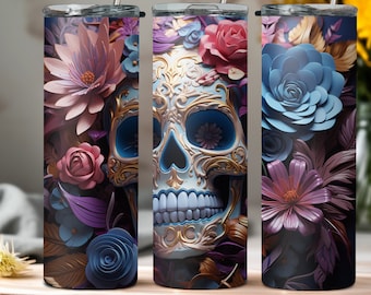 3D Day of the Dead PNG, 20oz skinny tumbler wrap, La Catrina, Skull and Flowers, Tumbler wrap for sublimation ,PNG Files, 300Dpi, Skull PNG