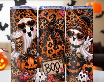 Coquette Bow Leopard Print Pumpkins Tumbler Wrap, Cute Halloween Ghosts & Pumpkins PNG, 20oz Skinny Tumbler Sublimation Design, PNG File