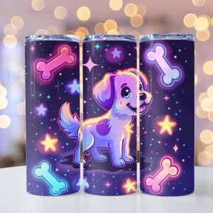 Glowing Cartoon Dog with Bones and Stars, 20oz skinny tumbler wrap, Cartoon Dog Sublimation, Dog PNG, Tumbler wrap for sublimation, PNG File