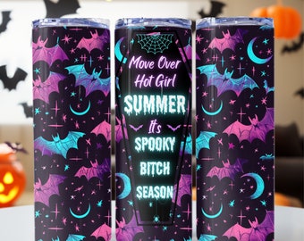 May include: A set of three Halloween-themed stainless steel tumblers. The tumblers feature a dark background with bats, stars, and crescent moons in shades of purple, pink, and teal. One tumbler has the text "Move Over Hot Girl Summer It's Spooky Bitch Season."