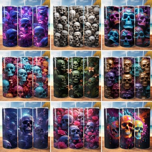 May include: Nine different designs of stainless steel tumblers featuring various skull patterns. The designs include skulls with flowers, skulls with a galaxy background, and skulls with a colourful abstract background.