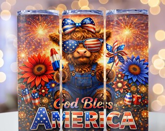 Patriotic Highland Cow Tumbler Wrap, Independence Day Cow png, God Bless America Cow png, 20oz Skinny Tumbler Sublimation Design, PNG File