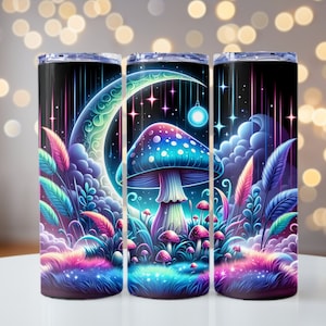 May include: A set of three stainless steel tumblers with a psychedelic design featuring a large mushroom, a crescent moon, and stars. The background is a dark blue with purple and pink accents.