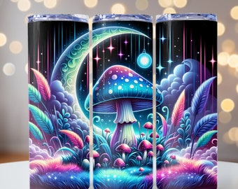 Glowing Magical Mushrooms & Moon Tumbler Wrap, Fantasy Mushrooms PNG, 20oz skinny tumbler wrap, Tumbler wrap for sublimation, PNG File