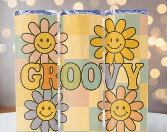 Retro Dambord Zonnebloemen PNG, Retro Zonnebloemen Tumbler Wrap, Groovy, 20oz skinny Tumbler Wrap, Tumbler Wrap voor sublimatie, PNG-bestand