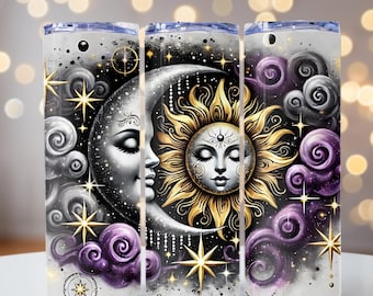 Sol y luna plateados y dorados, envoltura para vaso de sol y luna, PNG celestial, envoltura delgada para vaso de 20 oz, envoltura para vaso para sublimación, archivo PNG