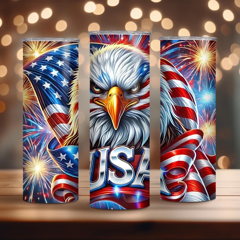 May include: A stainless steel tumbler with a patriotic design featuring a bald eagle, American flag, and fireworks. The tumbler has the word "USA" printed on it.