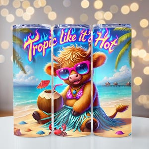 Summer Beach Highland Cow Tumbler Wrap, Tropic Like Its Hot Highland Cow, 20oz skinny tumbler wrap, Tumbler wrap for sublimation, PNG File,
