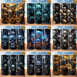 May include: Nine different designs of sublimation tumblers featuring a skull pattern. The designs include skulls with stars, sunflowers, and a blue and black skull pattern.
