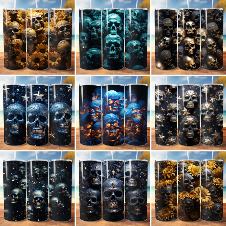May include: Nine different designs of sublimation tumblers featuring a skull pattern. The designs include skulls with stars, sunflowers, and a blue and black skull pattern.