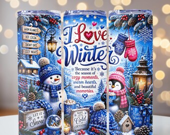 I Love Winter Tumbler Wrap, Winter Seasonal png, Snowman & Penguin png, 20oz skinny tumbler wrap, Tumbler wrap for sublimation, PNG File,