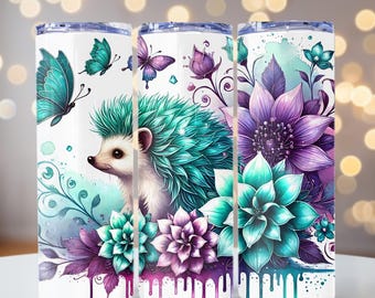 Watercolor Hedgehog & Flowers PNG, Hedgehog Tumbler Wrap, Cute Animal PNG, 20oz skinny tumbler wrap, Tumbler wrap for sublimation, PNG File